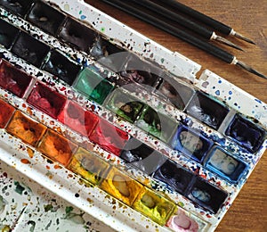 Working watercolor paints of the artist in ditches, with smudges, stains and color mixing. Three calligraphic brushes lie nearby