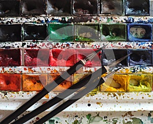 Working watercolor paints of the artist in ditches, with smudges, stains and color mixing. Three calligraphic brushes lie nearby