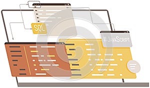 Working on web development. Concept of script coding and programming in php, javascript, python, other languages