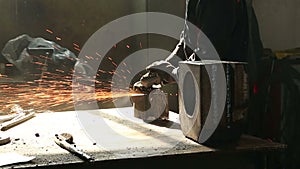 Working welder grinder works with metal structures