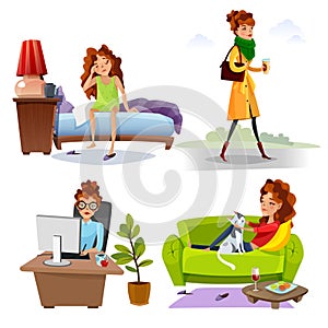 Working Woman Daily Routine Flat Icons