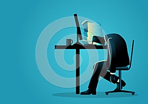 Workload exhaustion portrayed with illustration of overworked businessman napping amidst business papers