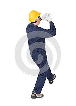 Workman with blue coveralls and hardhat in a uniform with clipping path