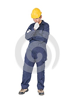 Workman with blue coveralls and hardhat in a uniform with clipping path