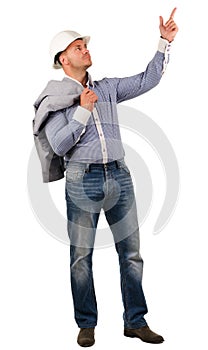 Workman or builder pointing up to blank copyspace