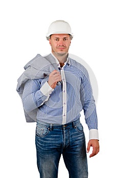 Workman or builder pointing up to blank copyspace