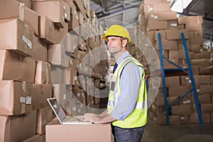 Workman with laptop at warehouse