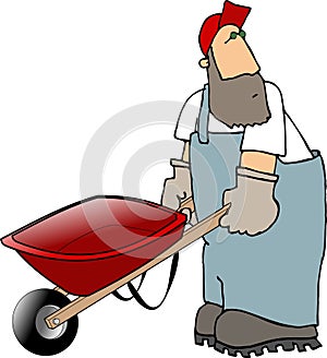 Workman pushing a wheelbarrow photo