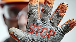 Workman's gloved hand with 