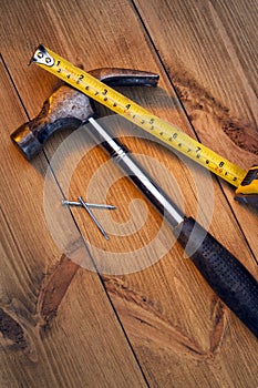 Workmans Tools on Wooden Background photo