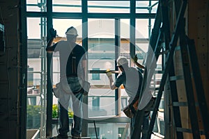 Workmen installing a window frame at a building site, construction site. Generative AI