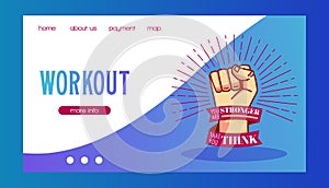 Workout and be stronger vector illustration. Strong mans fist. Sport and fitness work-out web banner, body-building