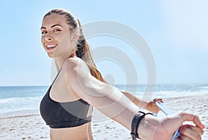 Workout, beach and portrait stretching resistance band with wellness, training and health lifestyle woman. Fitness