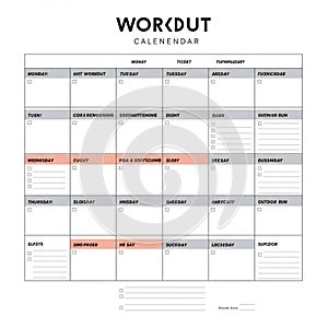 A workout calendar layout with days of the week miswritten across the top