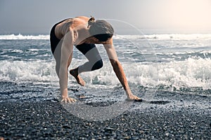 Workout Exercise. Closeup Of Topless Healthy Handsome Active Man With Fit Muscular Body Doing Push Ups Exercises. Sporty Athletic