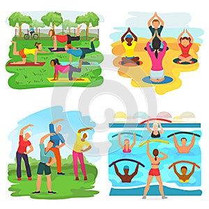 Workout exercise vector active people exercising with trainer in sportive group in park illustration set of man or woman