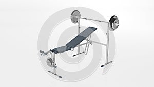 Workout gym bench with weights, sports equipment isolated on white background