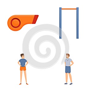 Workout icons set cartoon vector. People doing sport or physical exercise