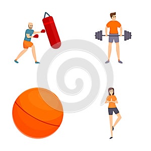 Workout icons set cartoon vector. People doing sport or physical exercise