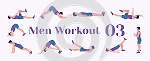Workout men set. Men doing fitness and yoga exercises. Lunges, Pushups, Squats, Dumbbell rows, Burpees, Side planks, Situps, Glute
