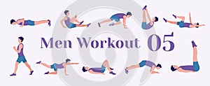 Workout men set. Men doing fitness and yoga exercises. Lunges, Pushups, Squats, Dumbbell rows, Burpees, Side planks, Situps, Glute