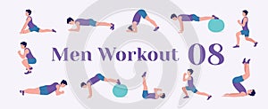 Workout men set. Men doing fitness and yoga exercises. Lunges, Pushups, Squats, Dumbbell rows, Burpees, Side planks, Situps, Glute