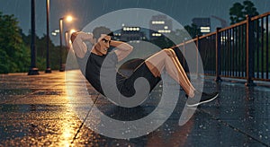 workout muscular man doing sit ups in rain