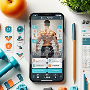 Workout planner app interface with exercise routines, progress photo