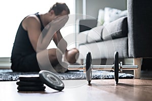 Workout problem, stress in fitness or too much training photo