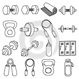 Workout Related Doodle vector icon set. Drawing sketch illustration hand drawn line eps10