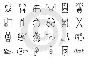 Workout seniors activity icons set, outline style