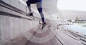 Workout, stadium stairs or woman running for morning cardio practice, active exercise or sports physical activity. Arena