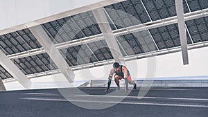 Workout urban outdoor concept. Hispanic Male athlete sprinter running, exercising pushups outdoors, jogging outside of