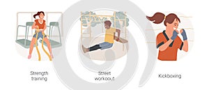 Workouts for teenagers isolated cartoon vector illustration set.