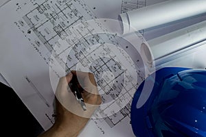 Workplace of architect - Architect rolls and plans.architectural plan,technical project drawing. Engineering tools view from