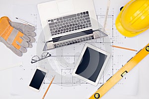 Workplace of architect. Architectural plan, technical project dr