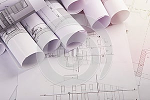 Workplace of architect - construction drawings