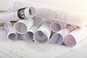 Workplace of architect - construction drawings