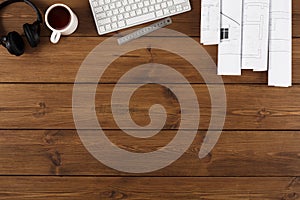 Architectural project, engineering tools on table.