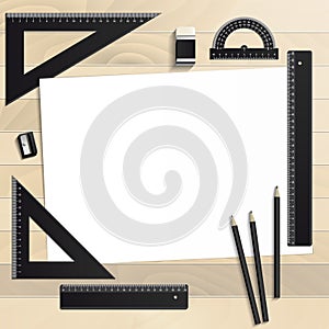 Workplace art board, paper, ruler, protractor