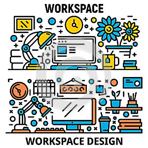 Workplace banner set, outline style