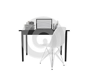 Workplace with black desk, computer and white chair