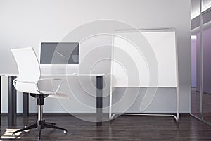 Workplace and blank whiteboard