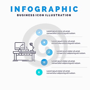 Workplace, Business, Computer, Desk, Lamp, Office, Table Line icon with 5 steps presentation infographics Background