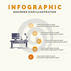 Workplace, Business, Computer, Desk, Lamp, Office, Table Solid Icon Infographics 5 Steps Presentation Background