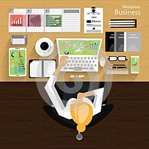 Workplace business people view the use of modern communication technologies, notebooks, tablets, mobile phones, glasses, pe