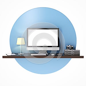 Workplace with camputer on shelf in red circle