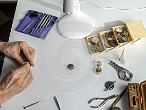 Workplace of the clockmaker for the repair of mechanical watches.