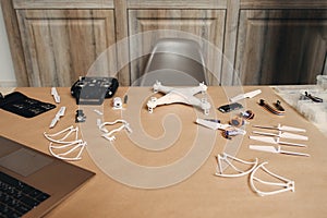 Workplace with components for drone building