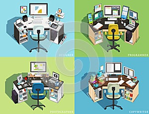 Workplace at the computer of different professions. Programmer, Designer Photographer, Copywriter. Vector